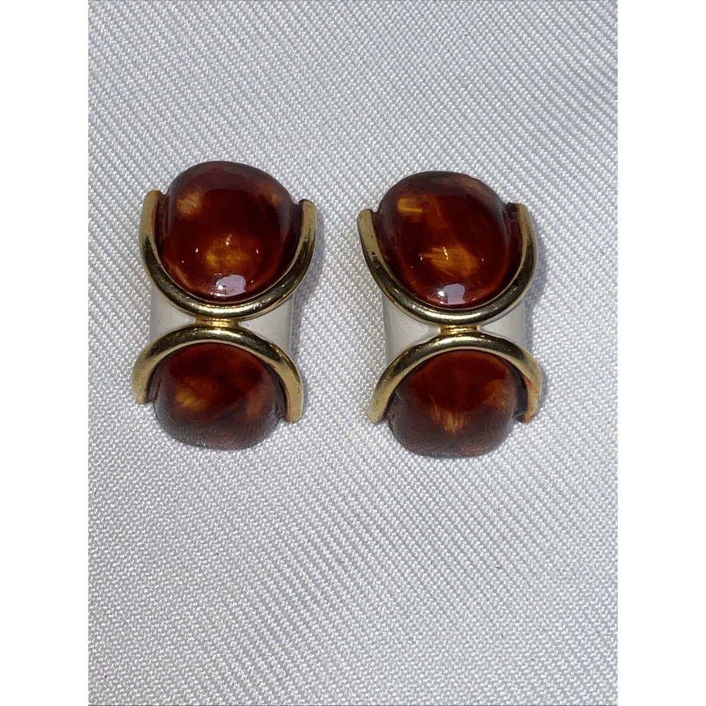 Vintage Gold Tone Faux Amber Tortoise Shell Resin Clip On Statement Earrings - Picture 8 of 8